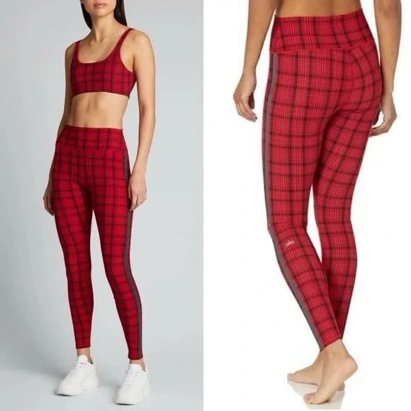 ALO Pants - NEW! Wmn's ALO Occasion Buffalo Plaid Leggings in Scarlett Red w/Side Stripe M